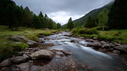 A long exposure photograph captures a turbulent river flowing over rocks in a moody forested mountain landscape under a cloudy sky