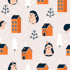 Seamless pattern with winter houses and funny hedgehogs.