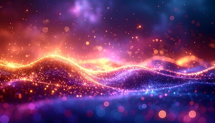 Vibrant abstract artwork with flowing, undulating lines of shimmering particles in gradient colors. Sparkles and blurred lights enhance the magical feel