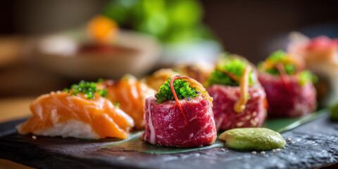Fresh sushi assortment with salmon nigiri and tuna rolls topped with fish roe and wasabi drizzle evoking elegant appetizing mood