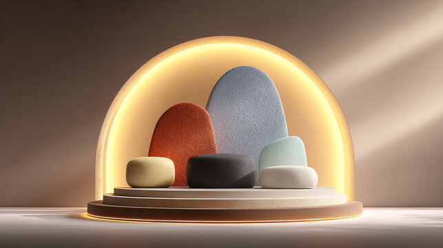 Set of colorful, abstract stone like sculptures is displayed on circular platform with glowing arch, creating modern and artistic scene