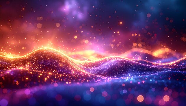 Vibrant abstract artwork with flowing, undulating lines of shimmering particles in gradient colors. Sparkles and blurred lights enhance the magical feel