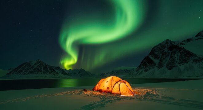 A lone illuminated tent glows brightly under the mesmerizing green aurora borealis in a snowy landscape