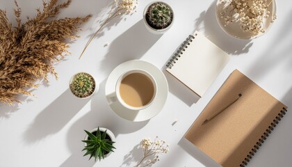Morning Routine Aesthetic Coffee, Notebook, and Plants - A Peaceful Workspace Setup