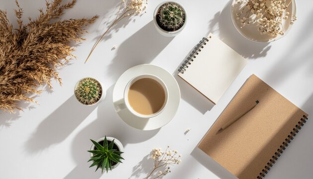 Morning Routine Aesthetic Coffee, Notebook, and Plants - A Peaceful Workspace Setup