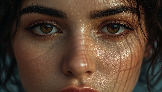 Close up of woman face with data reflection