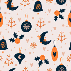 Seamless pattern with Christmas tree decorations and snowflakes.