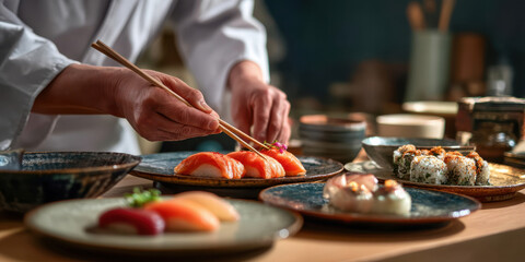 Fototapeta premium Salmon nigiri chef preparing sushi with chopstick garnish in warm restaurant setting emotional focus on craftsmanship