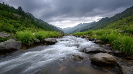 A turbulent mountain stream flows through a rocky valley under dramatic stormy clouds highlighting the raw beauty of wild nature