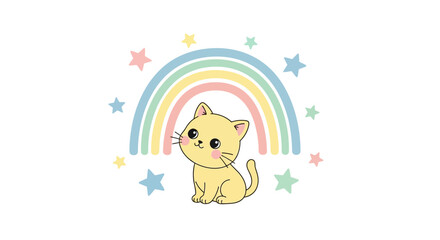 Fototapeta premium Cute cartoon kitten sitting beneath a pastel rainbow with scattered stars on a white background.