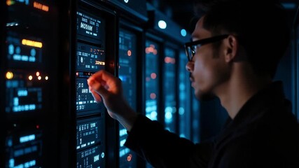 Focused technician's face illuminated by blinking server lights in dark data center, intense concentration, modern technology inspection, 4K video footage. - Powered by Adobe