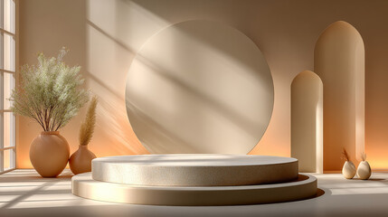 Soft beige podium is set against luxury minimal background with natural light and decorative vases, creating serene atmosphere