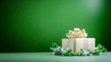 Gift's Festive Presentation: A single, elegantly wrapped gift box, adorned with a delicate bow and sprigs of seasonal greenery, rests against a vibrant backdrop.