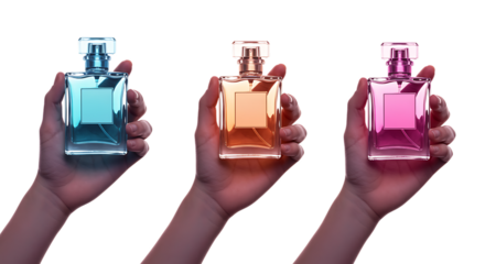 hands holding colorful perfume bottles on transparent background