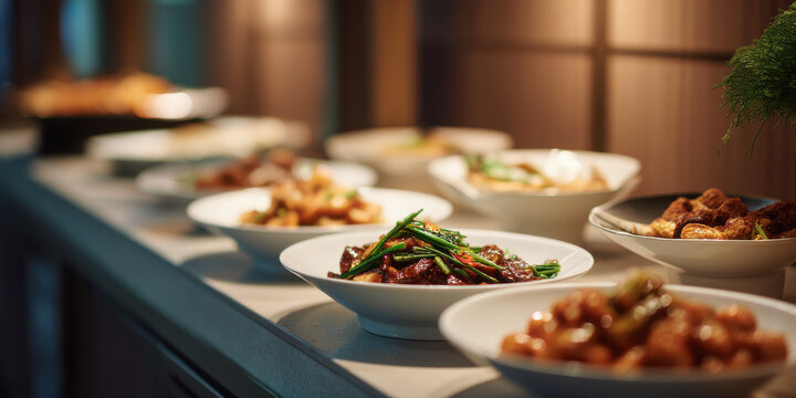 Wide shot eye level modern fine dining buffet Asian dishes el aba c b af ecdcb aromatic stir fry beef with green onion served white bowls buffet