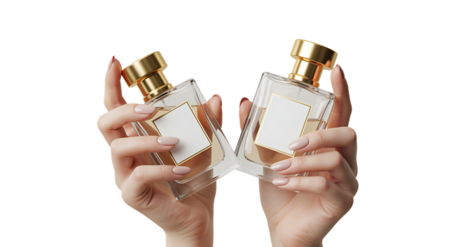 hands holding two elegant perfume bottles on transparent background