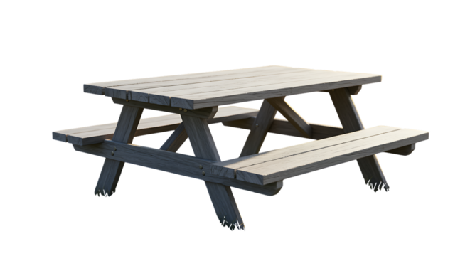 a wooden picnic table with benches on transparent background