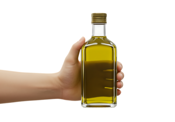hand holding glass bottle filled with olive oil on transparent background