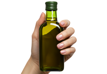 hand holding green glass bottle filled with olive oil on transparent background