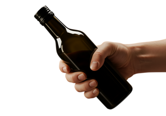 hand gripping dark bottle on transparent background