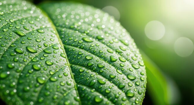 Macro shot of green leaves covered in fresh water droplets, illuminated by soft sunlight