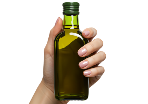 hand holding green glass bottle filled with olive oil on transparent background