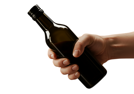 hand gripping dark bottle on transparent background
