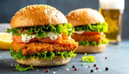 Two sesame-seed bun sandwiches with a fried patty, fresh lettuce, tomato, and sauce. A glass of frothy beer and a lemon half are in the background