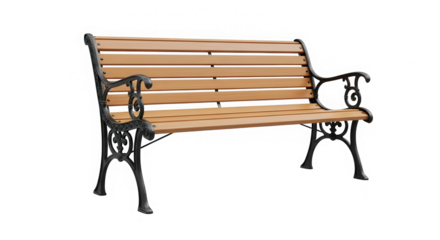 Wooden and metal park bench isolated on transparent background