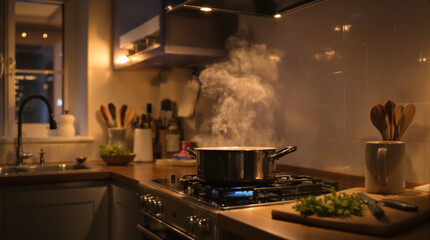 Warm glow illuminates a domestic kitchen scene as a pot of food steams gently on the stove, creating a comforting evening atmosphere