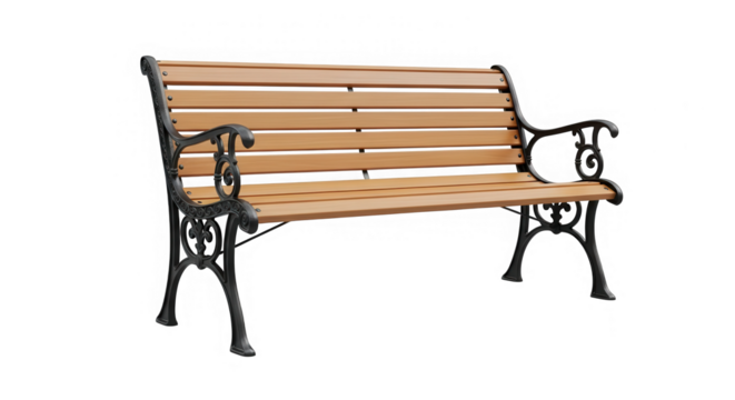 Wooden and metal park bench isolated on transparent background