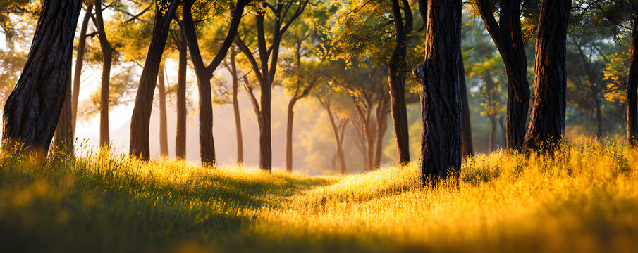 A sunlit forest path leads into the distance, with a sense of peace and tranquility. The path is flanked by tall trees bathed in golden light.