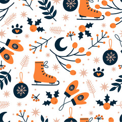 Christmas pattern with festive decor. Ice skates, mittens, branches, berries, and snowflakes.