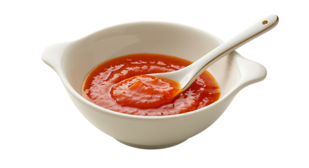 a bowl of tomato sauce with spoon on transparent background