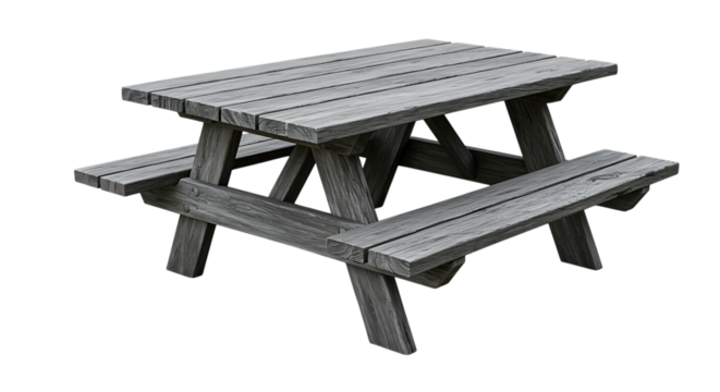 a wooden picnic table with benches on transparent background