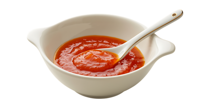 a bowl of tomato sauce with spoon on transparent background - Powered by Adobe