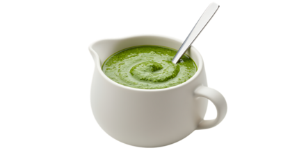 a white pitcher filled with green soup and spoon on transparent background