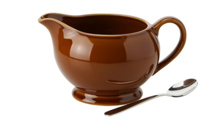 a brown ceramic pitcher with spoon beside it on transparent background