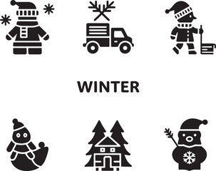 Winter themed icons featuring people and objects snow cold