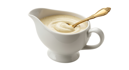 creamy sauce in white pitcher with golden spoon on transparent background