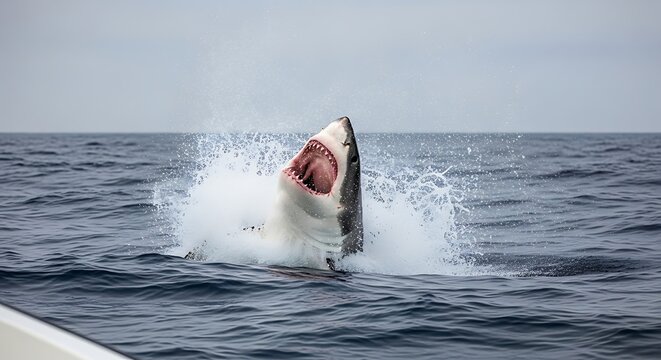 Great White Shark Breaching Water with Mouth Open and Teeth Visible marine life ocean