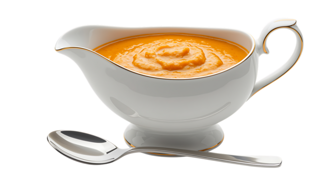 a creamy soup in white pitcher with spoon on transparent background