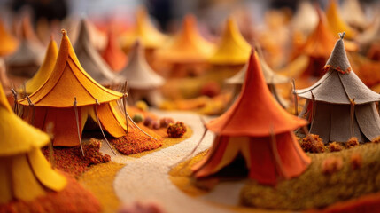 Colorful felt tents create vibrant, artistic representation of bustling market scene. warm hues of orange, yellow, and beige evoke lively and inviting atmosphere