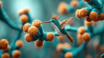 Obraz premium Felt hummingbird with vibrant colors hovers near cluster of felt flowers, creating whimsical and artistic scene. soft textures and intricate details evoke sense of wonder and creativity