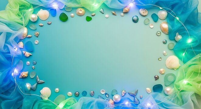 Ocean Themed Border with Seashells and Lights on Teal Background 