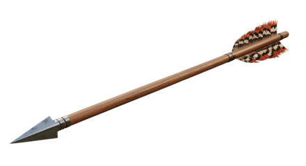 a wooden arrow with colorful feathers on transparent background