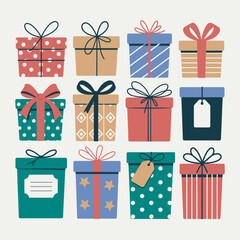 Set of colorful vector gift boxes with ribbons and bows for holidays and celebrations