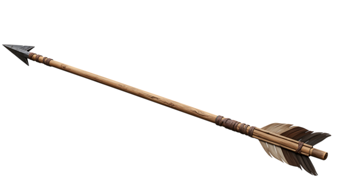 ancient wooden arrow with feather fletching on transparent background