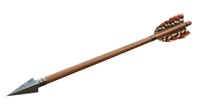 a wooden arrow with colorful feathers on transparent background