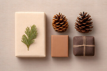 Festive arrangement of beautifully wrapped gifts with natural decorative elements. Featuring presents with textured wrapping paper and pine cones 